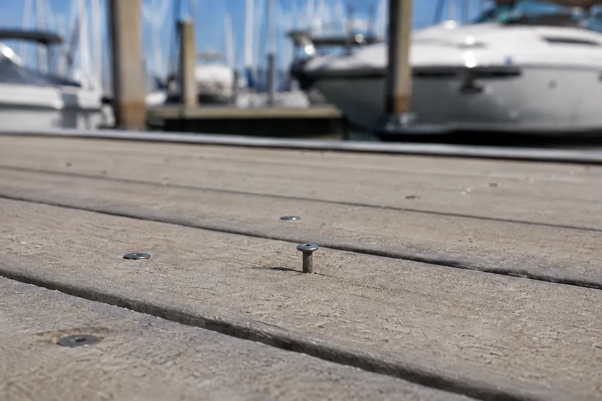 Photo of a screw sticking up from a dock board, circled