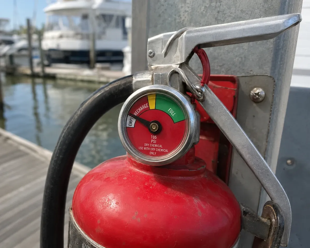 Photo of a dock fire extinguisher with its gauge needle in the recharge zone